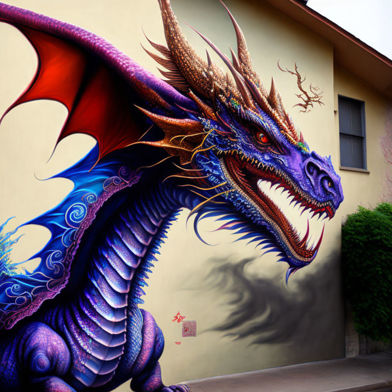 Colorful graffiti of blue dragon with red wings and ornate scales