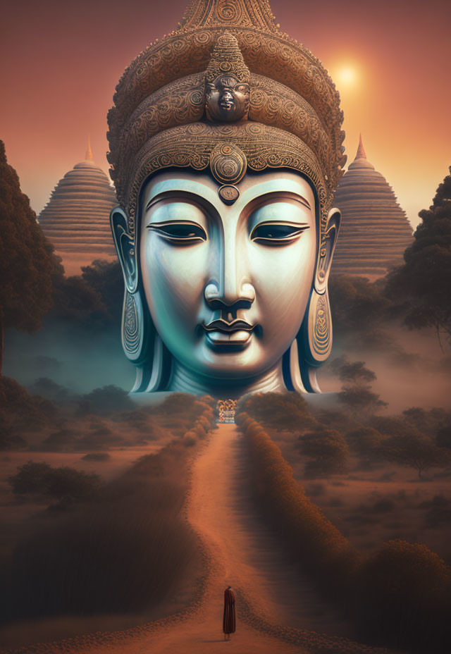 Tranquil Buddha face landscape with figure walking towards distant temples