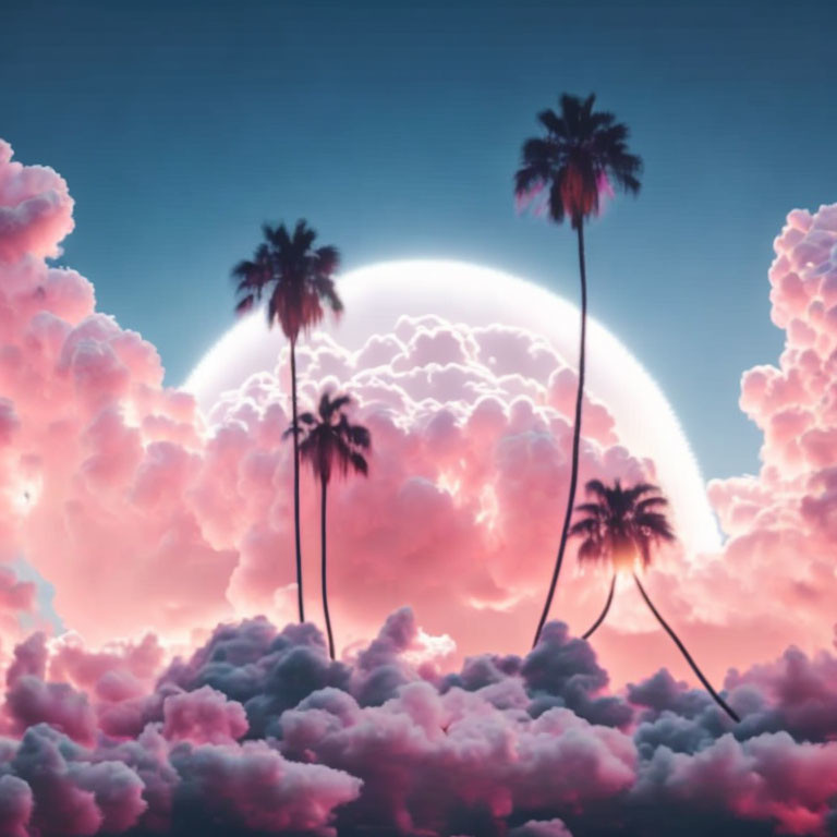 Silhouetted palm trees against vibrant pink and blue sky with radiant circular light source