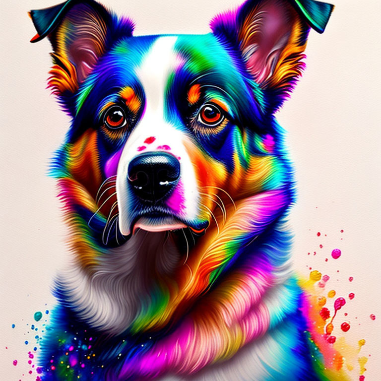 Vibrant digital artwork: Colorful dog with kaleidoscopic pattern on fur