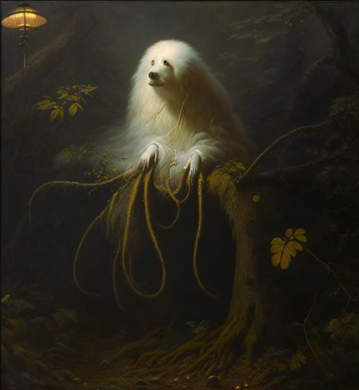 Surreal painting: Fluffy animal with humanoid face under lamp in forest with leash.