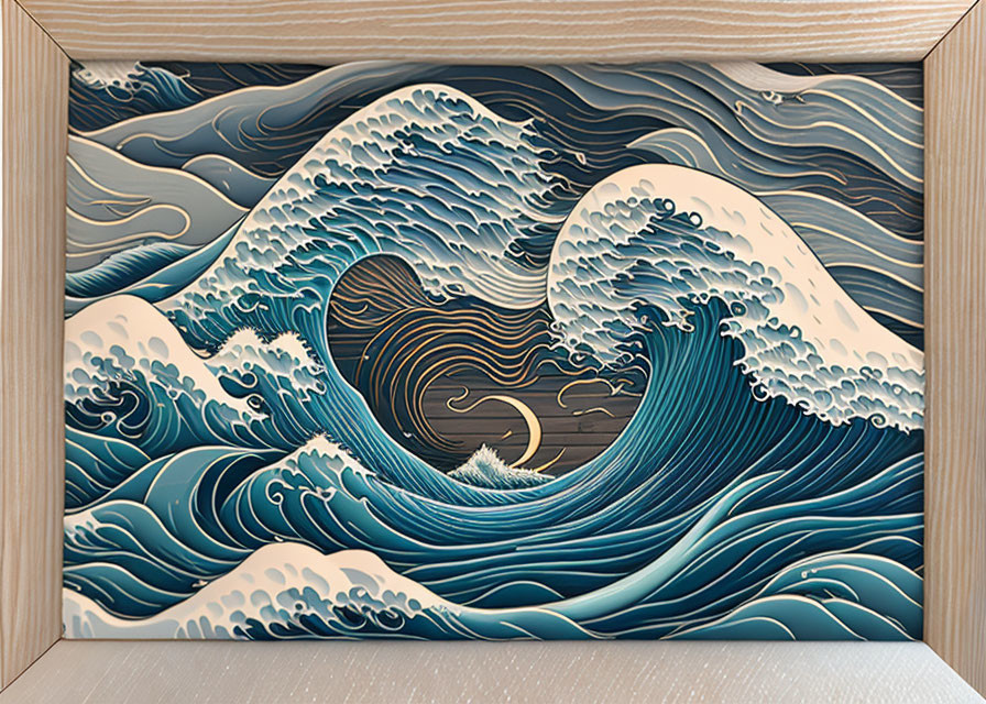 Intricate Wooden Wall Art: 3D Carving of Tidal Wave