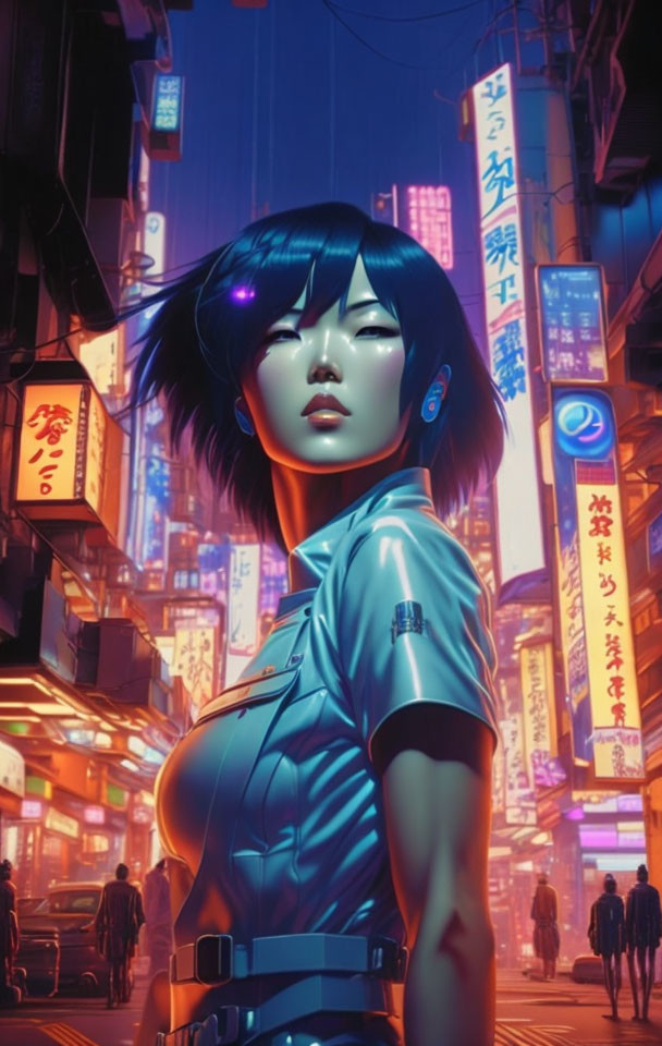 Stylized female character in futuristic attire in neon-lit cyberpunk alley