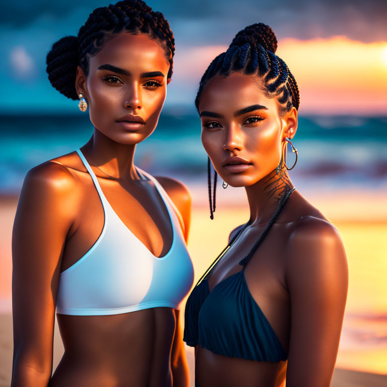 Two women with braided hair in bikinis on beach at sunset