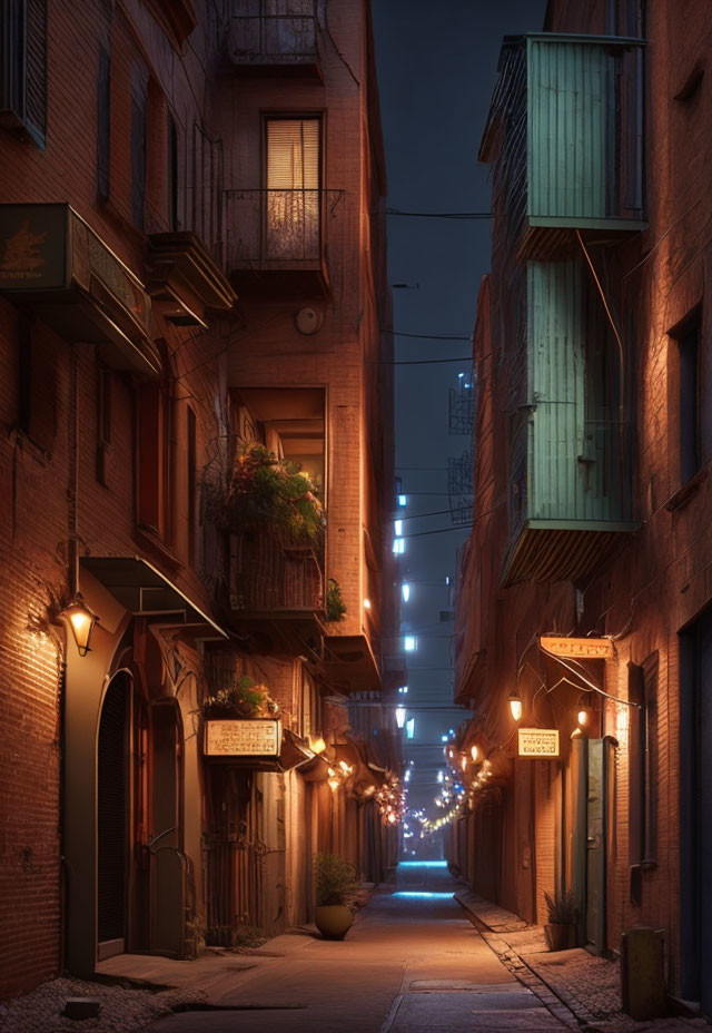 Dusk Alley with String Lights and Old Buildings