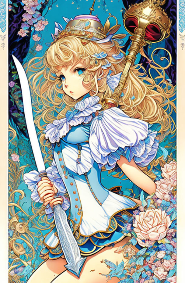 Golden-haired character in blue and gold outfit with scepter and sword, surrounded by floral motifs