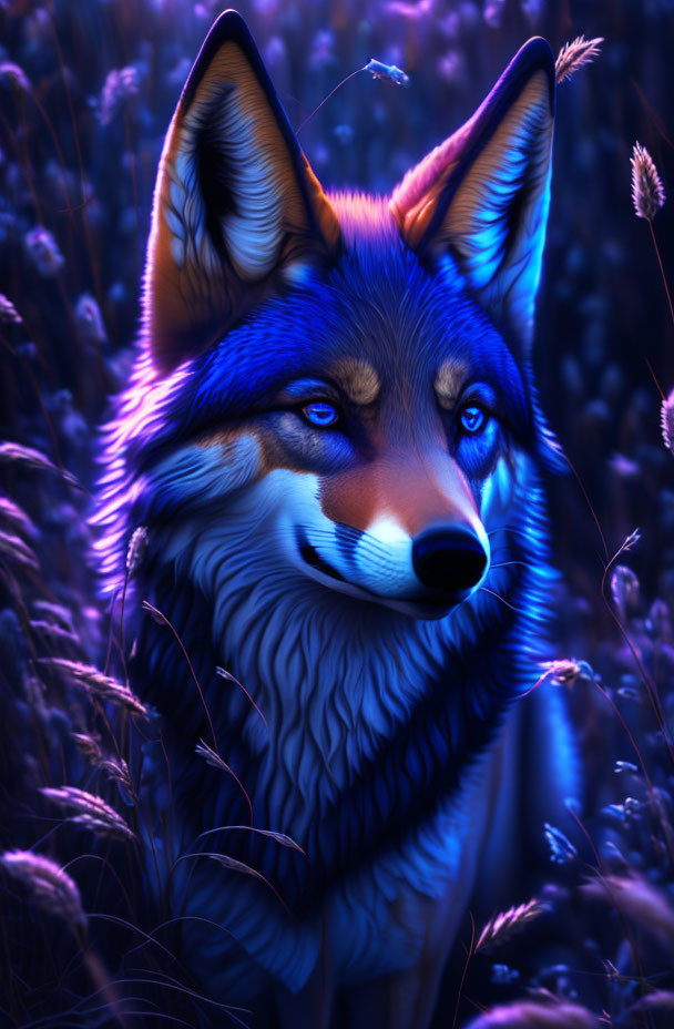 Anthropomorphic fox digital art with blue and orange fur in a purple-lit forest