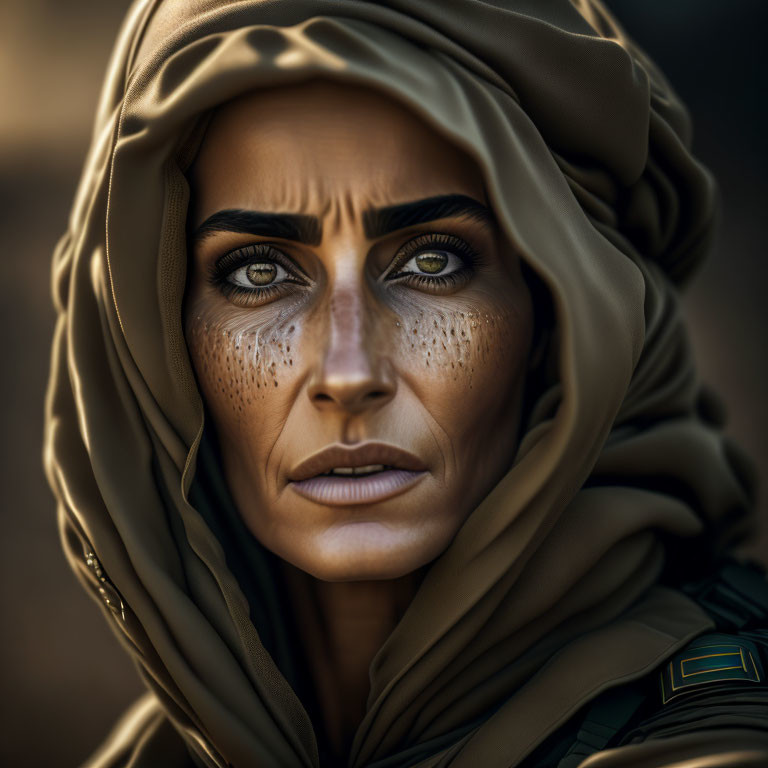 Portrait of a person with green eyes and freckles in hooded garment