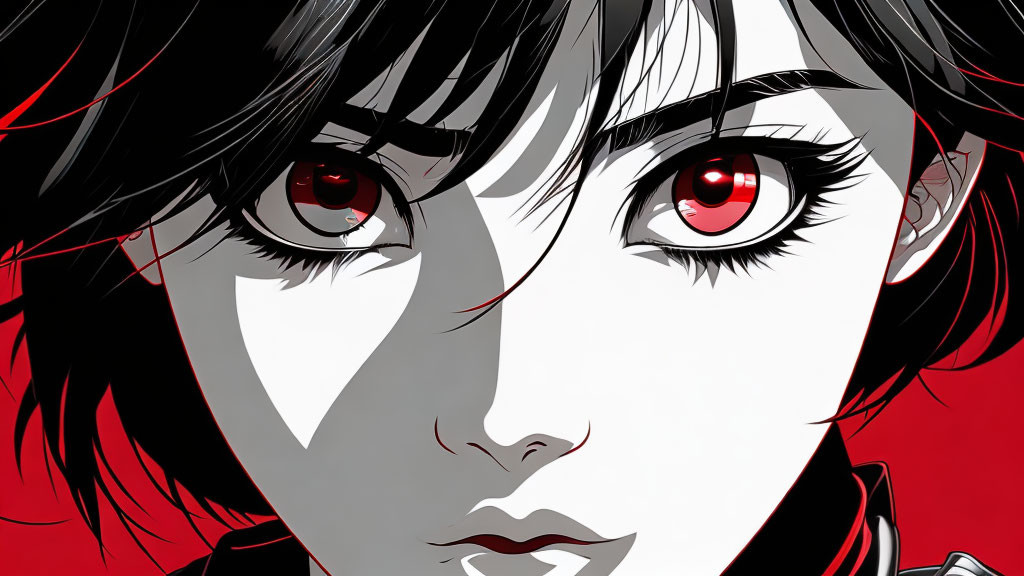 Detailed illustration: Female anime character with red eyes, black hair, red and black color scheme