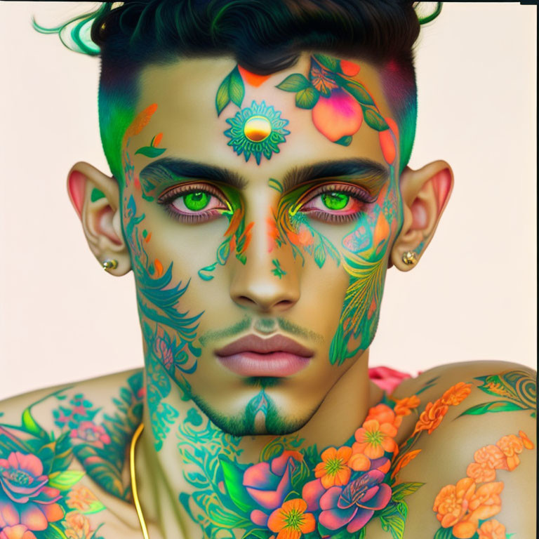 Man with Colorful Floral and Leafy Tattoos on Face and Body in Neutral Background