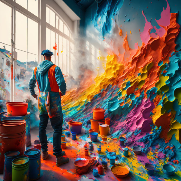 Person in Cap and Overalls Surrounded by Colorful Paint Splashes