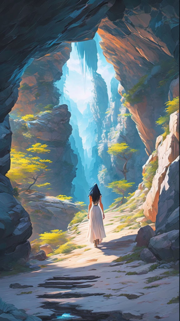 Person in white dress at cave entrance overlooking sunlit valley with rock formations.