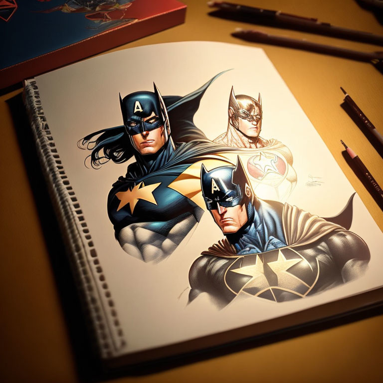 Superhero characters with iconic shield and cowl on desk