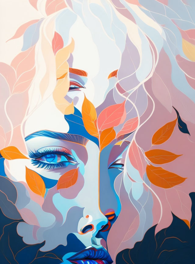 Colorful Abstract Woman's Face with Nature-Inspired Leaves Portrait