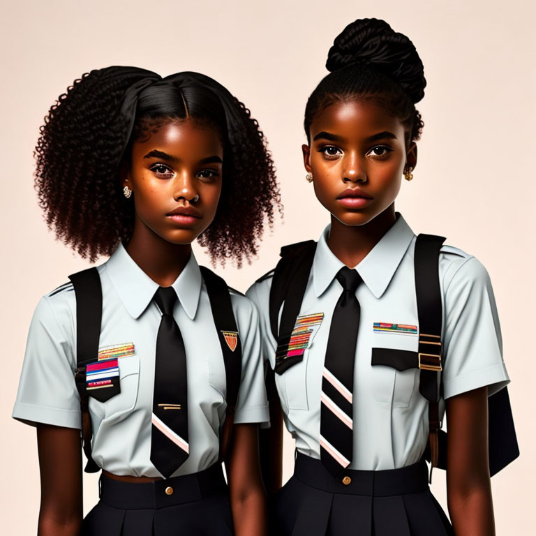 Two young girls in uniform with badges and ties on beige background