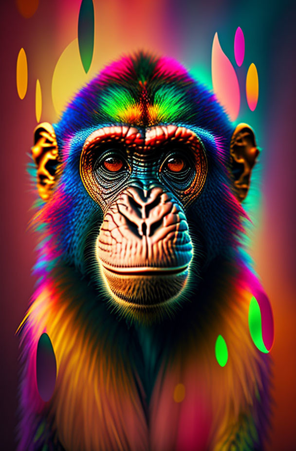 Colorful Monkey Portrait with Rainbow Coat and Droplet Accents