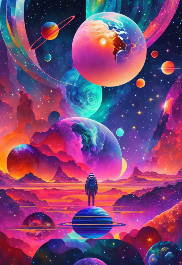 Colorful digital art of person in surreal cosmic landscape