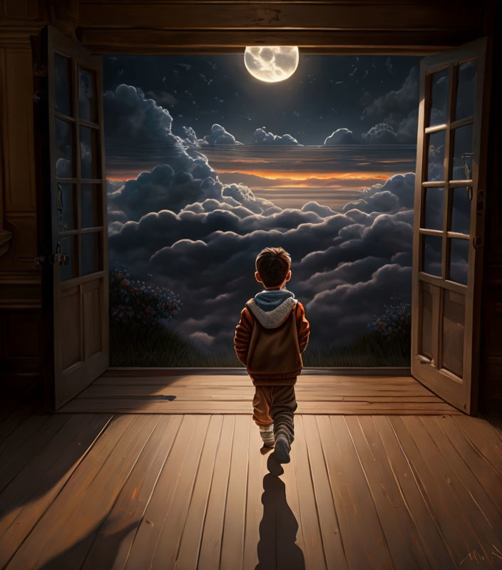 Child admires full moon over sea of clouds at night