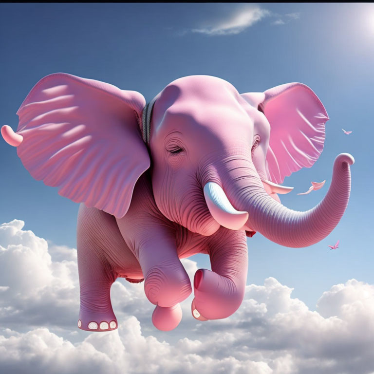 Pink elephant with exaggerated features floating above clouds in blue sky