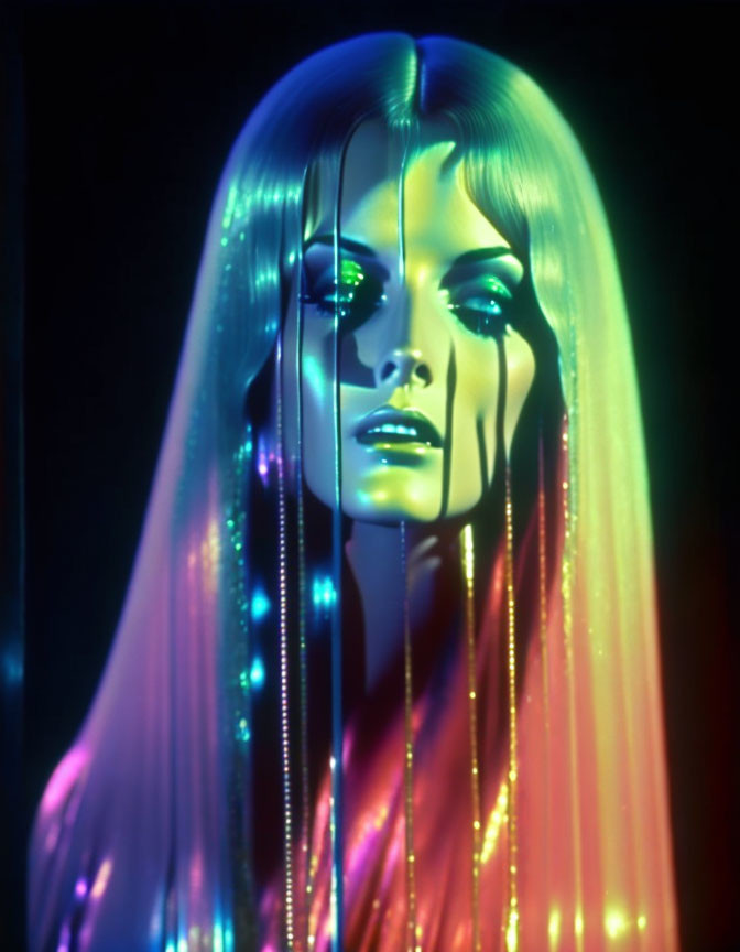 Mannequin head with glowing fiber optic hair strands