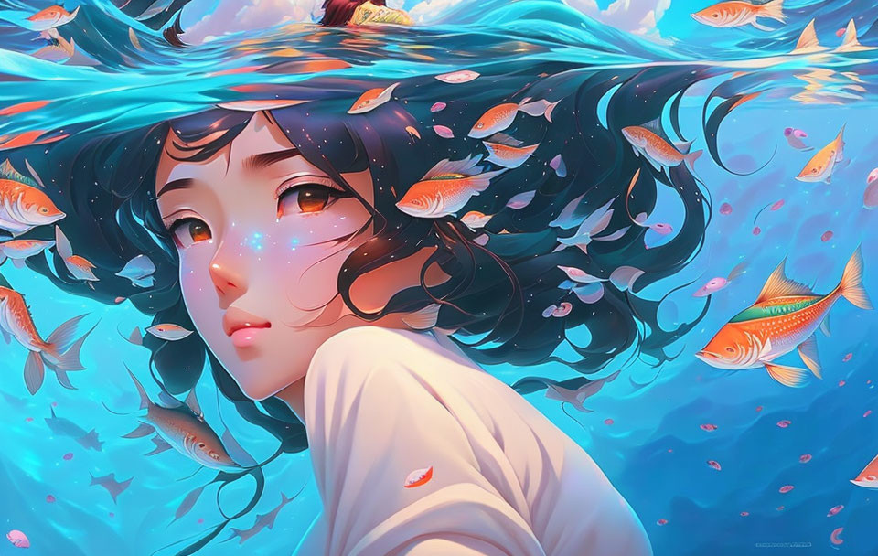 Dark-Haired Girl in Water with Colorful Fish and Serene Expression