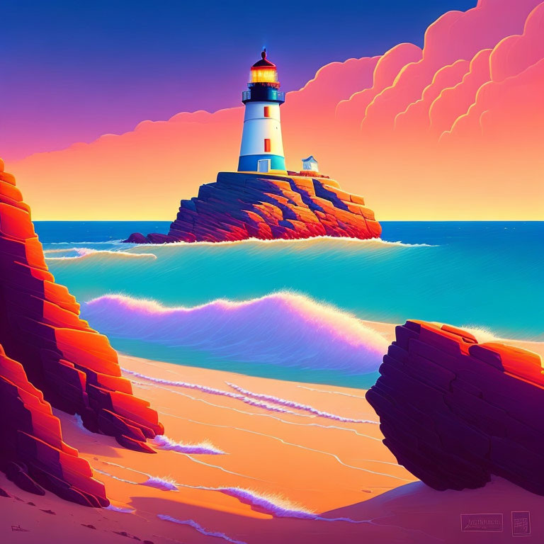 Colorful digital artwork of lighthouse on rocky outcrop with vibrant skies, rolling waves, and sandy