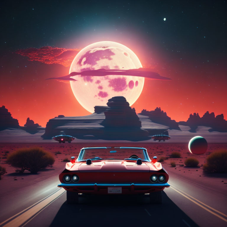 Vintage car on desert road under moon & planets, surreal sci-fi scene