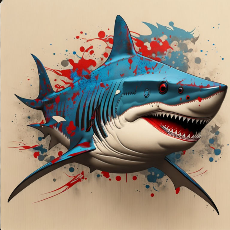 Stylized shark illustration with blue stripes and red splatter on beige background