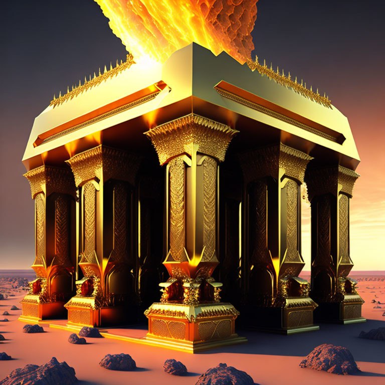 Fantastical golden structure with detailed columns in desert setting