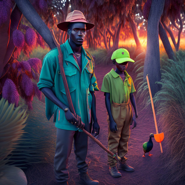 Stylized adult and child figures in green and khaki attire in surreal purple forest with golf gear