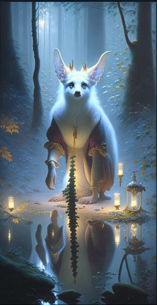 Mystical creature with large ears and luminous eyes in moonlit forest glade