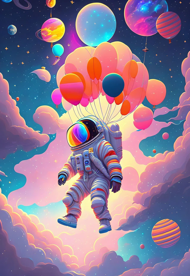 Astronaut floating with balloons in cosmic scene