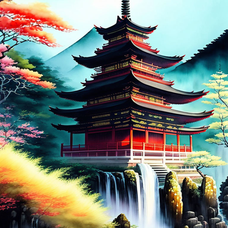 Colorful pagoda waterfall scene with vibrant foliage