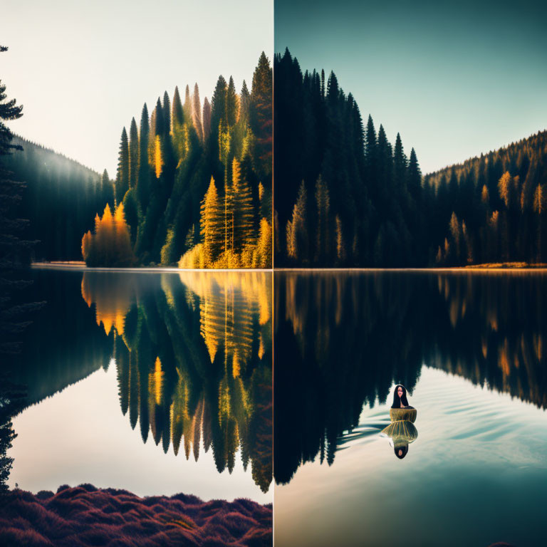 Tranquil lake scene with lush trees, golden sunlight, and a duck