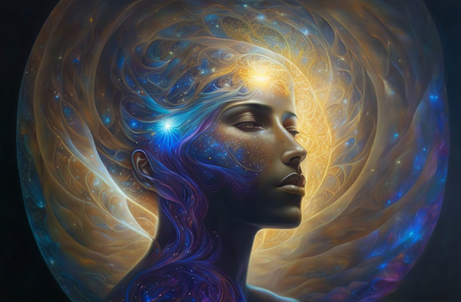 Digital artwork featuring woman with cosmic-themed profile and golden halo