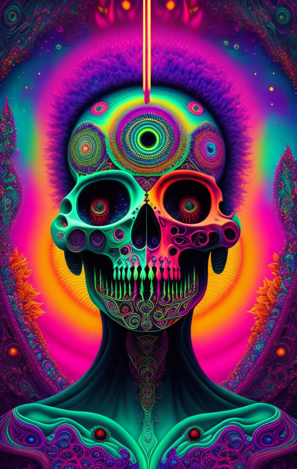 Colorful psychedelic skull art on vibrant fractal background