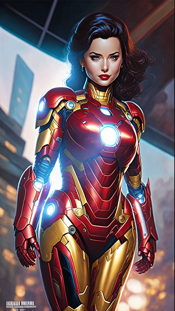 Female superhero in red and gold armor with glowing energy points standing confidently