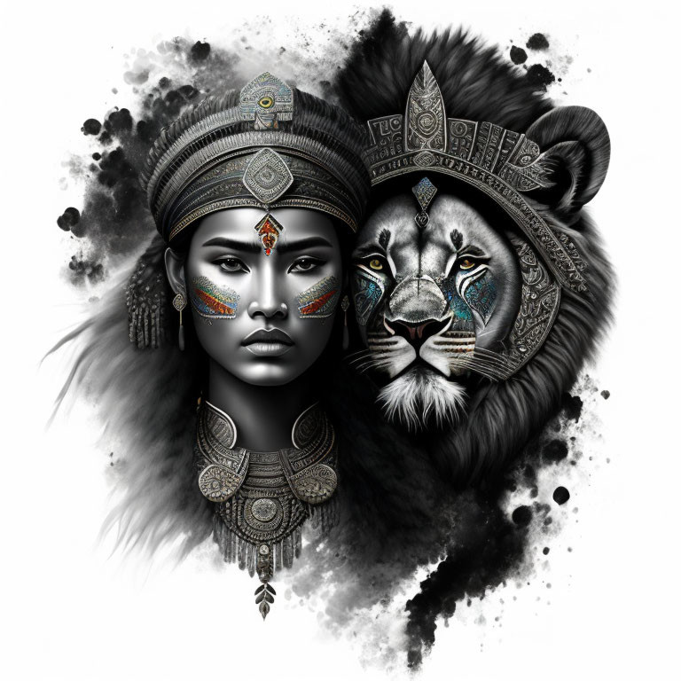 Monochromatic illustration of woman and lion with tribal markings