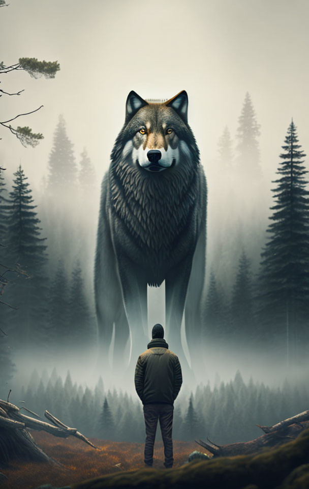 Person encounters giant wolf in misty forest scene