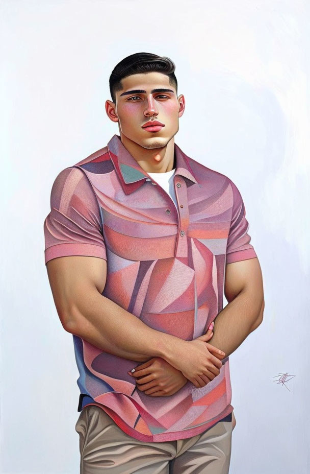 Stylized digital illustration of young man in pink polo shirt