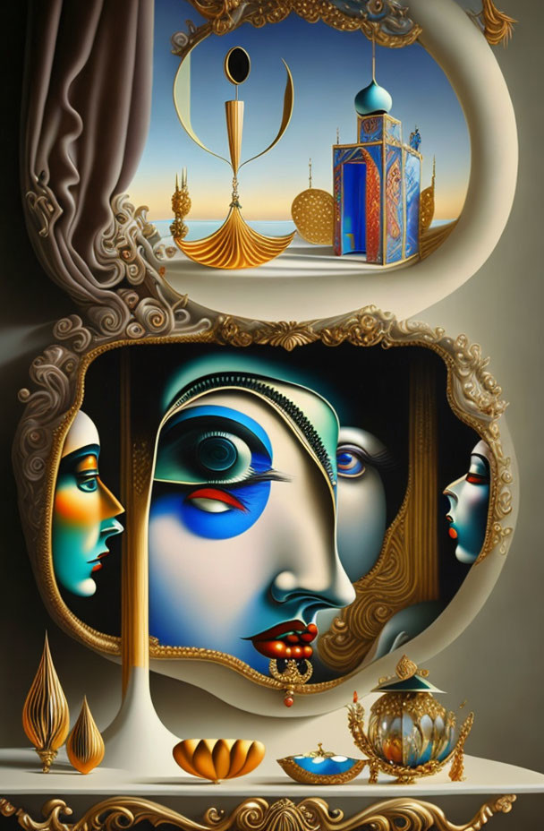 Surreal painting of faces blending against Eastern architectural backdrop