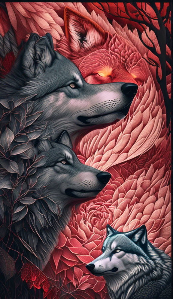 Three wolves with glowing red eye in red flower backdrop