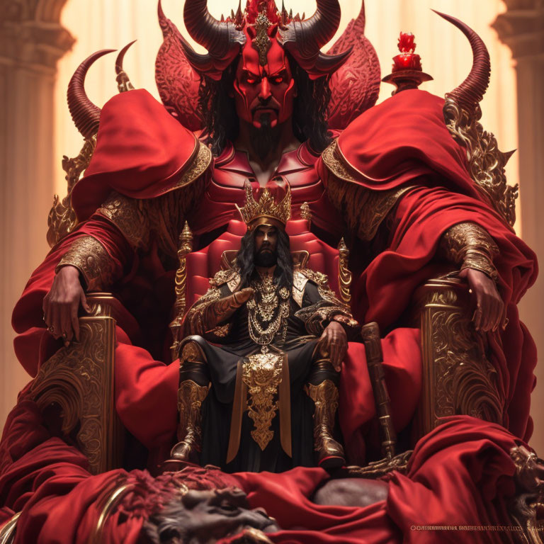 Regal figure with crown on throne, surrounded by horned red statues in ominous setting