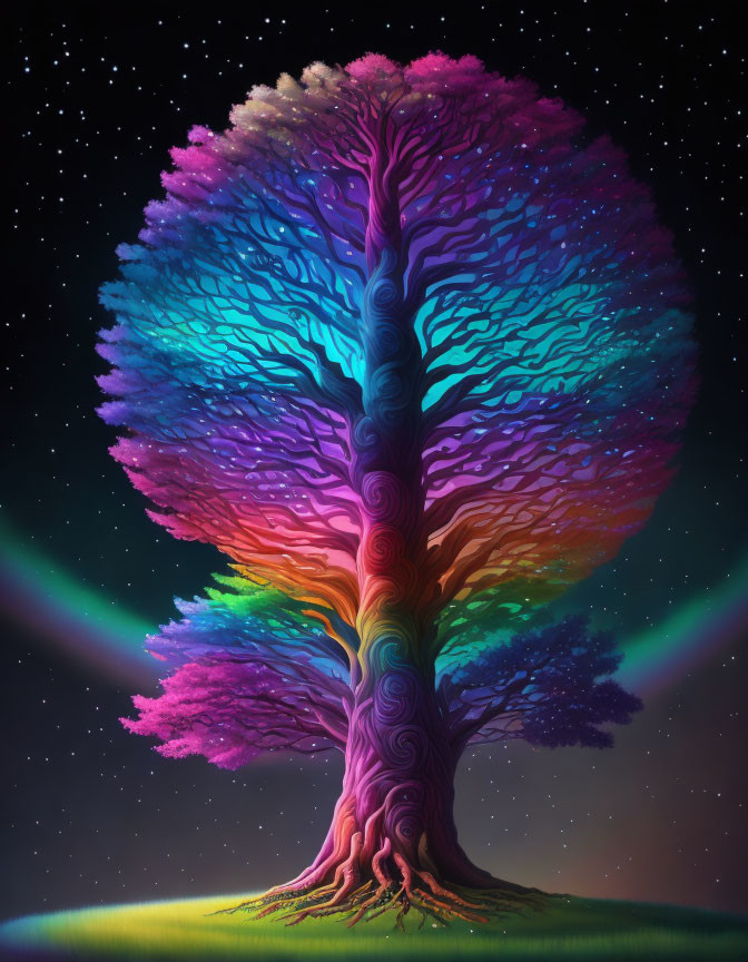 Colorful Tree with Swirling Patterns Against Starry Night Sky