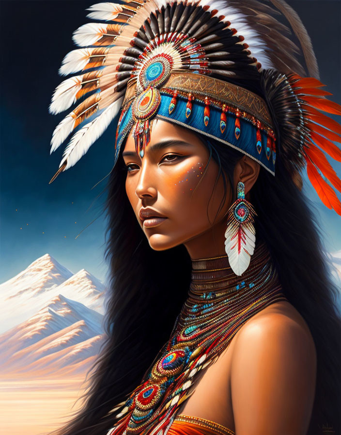 Woman in Native American headdress with feathers and beads, mountains backdrop