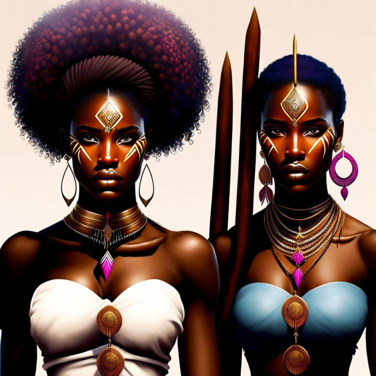 Stylized illustrated women with striking features and afro-textured hairstyles