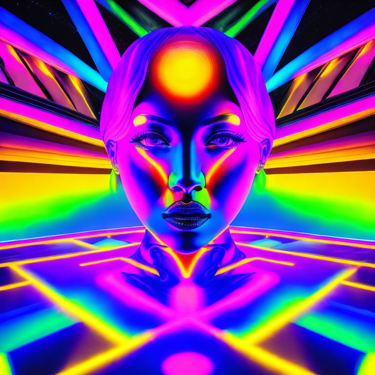 Neon-colored digital portrait of woman with symmetrical patterns on abstract background