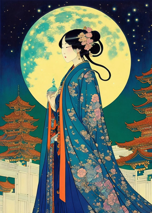 Traditional Asian Attire Woman Illustration with Full Moon