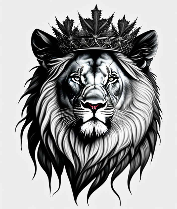 Detailed lion illustration with crown in monochromatic color scheme