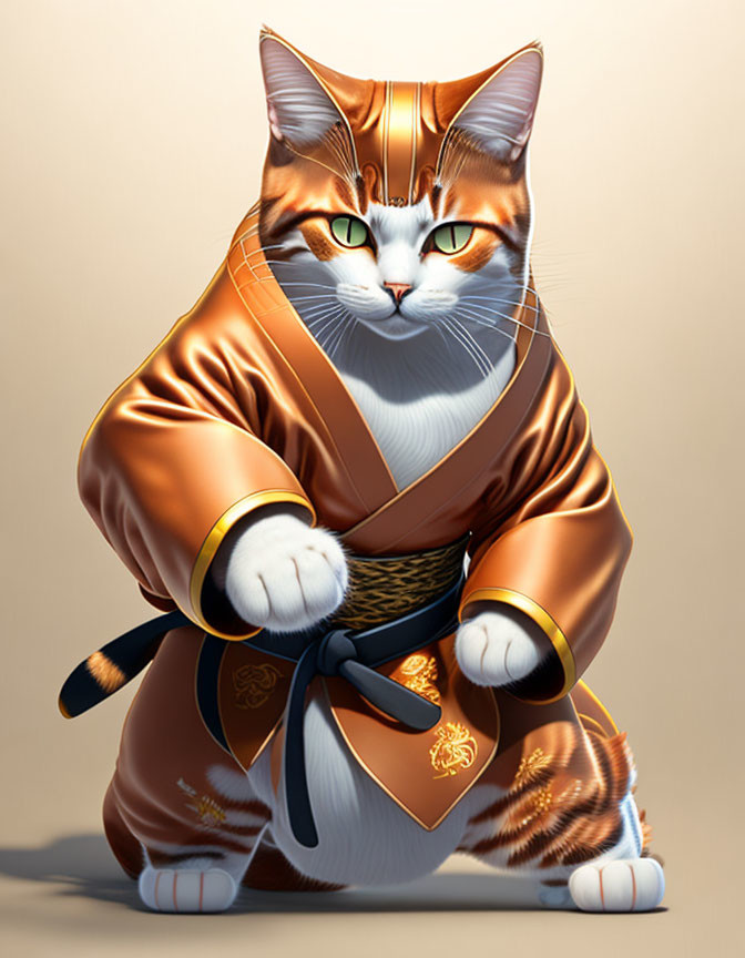 Anthropomorphic cat in martial arts attire with black belt